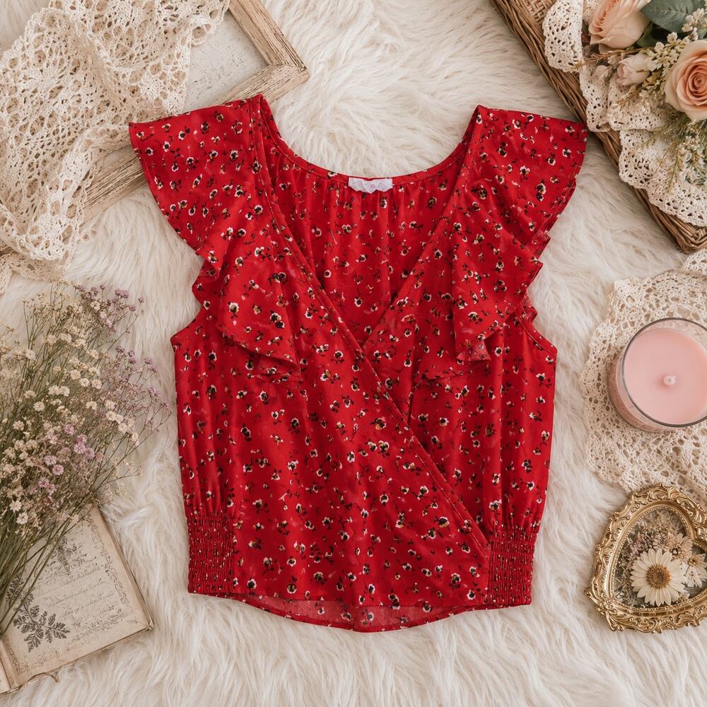 Sienna‎ Sky Red Sleeveles Floral V Neck Blouse With Ruffle Shoulder Sz XS